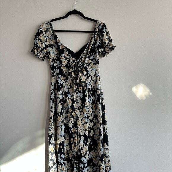 Adrianna Papell Black Floral Midi Dress Romantic Cottagecore Puff Sleeve Size 2 - Picture 5 of 7